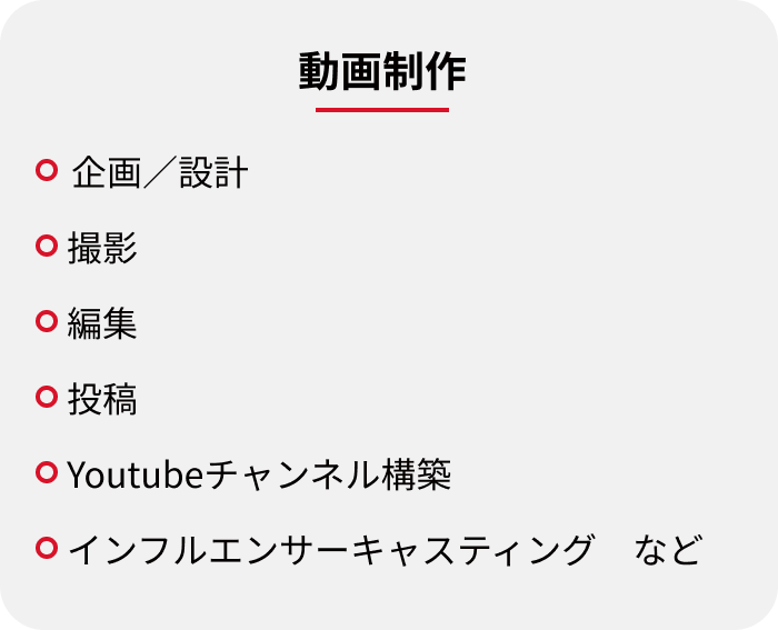 動画制作：企画／設計、撮影、編集、投稿、Youtubeチャンネル構築、インフルエンサーキャスティング　など