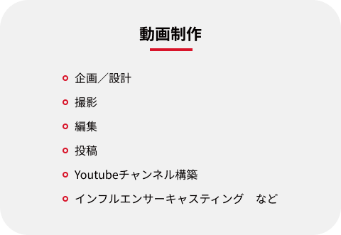 動画制作：企画／設計、撮影、編集、投稿、Youtubeチャンネル構築、インフルエンサーキャスティング　など