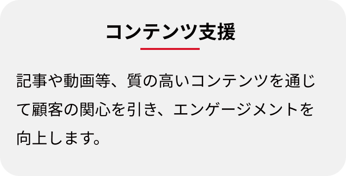 ンテンツ支援:記事や動画等、質の高いコンテンツを通じて顧客の関心を引き、エンゲージメントを向上します。