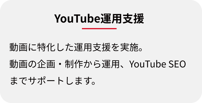 YouTube運用支援:動画に特化した運用支援を実施。動画の企画・制作から運用、YouTube SEOまでサポートします。