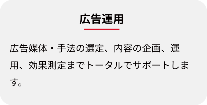 広告運用:広告媒体・手法の選定、内容の企画、運用、効果測定までトータルでサポートします。