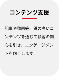 コンテンツ支援:記事や動画等、質の高いコンテンツを通じて顧客の関心を引き、エンゲージメントを向上します。