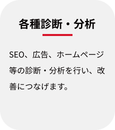 各種診断・分析:SEO、広告、ホームページ等の診断・分析を行い、改善につなげます。